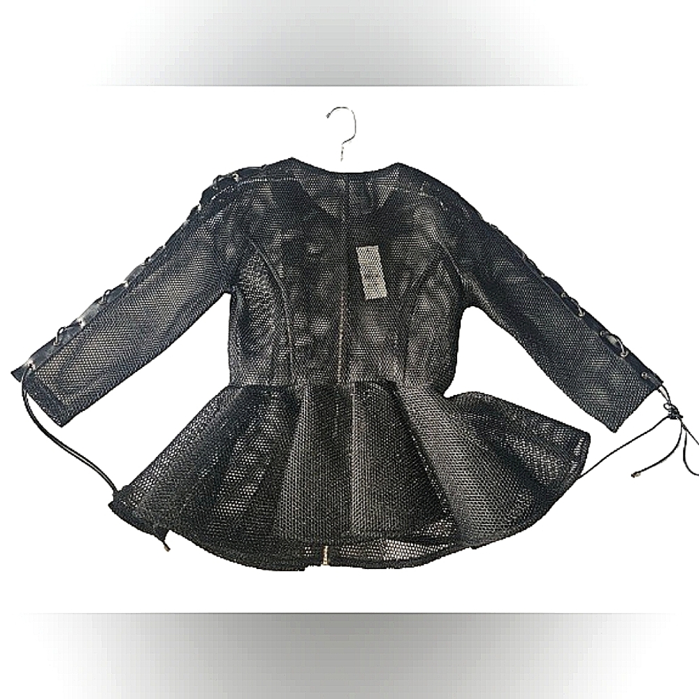 NWT Black, fishnet and faux leather peplum top, size S